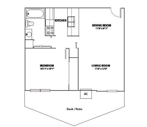 A floor plan of a house with a kitchen, dining room, living room, bedroom, and a deck/patio.